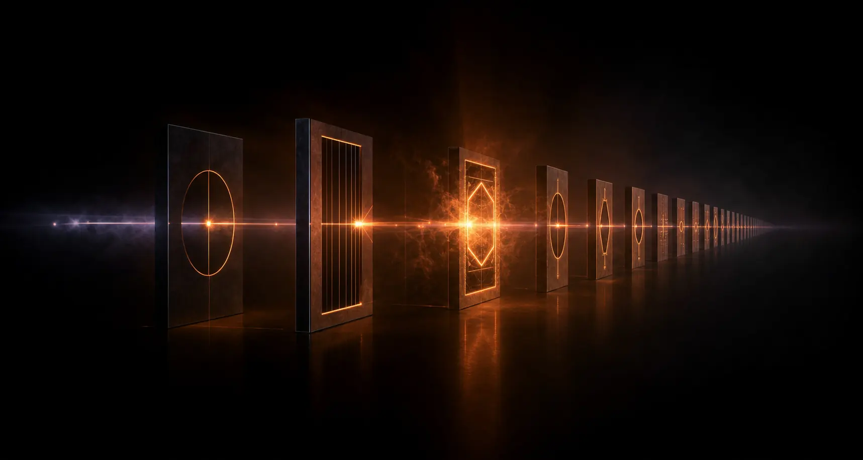 Receding row of glowing gates with a beam of light passing through each