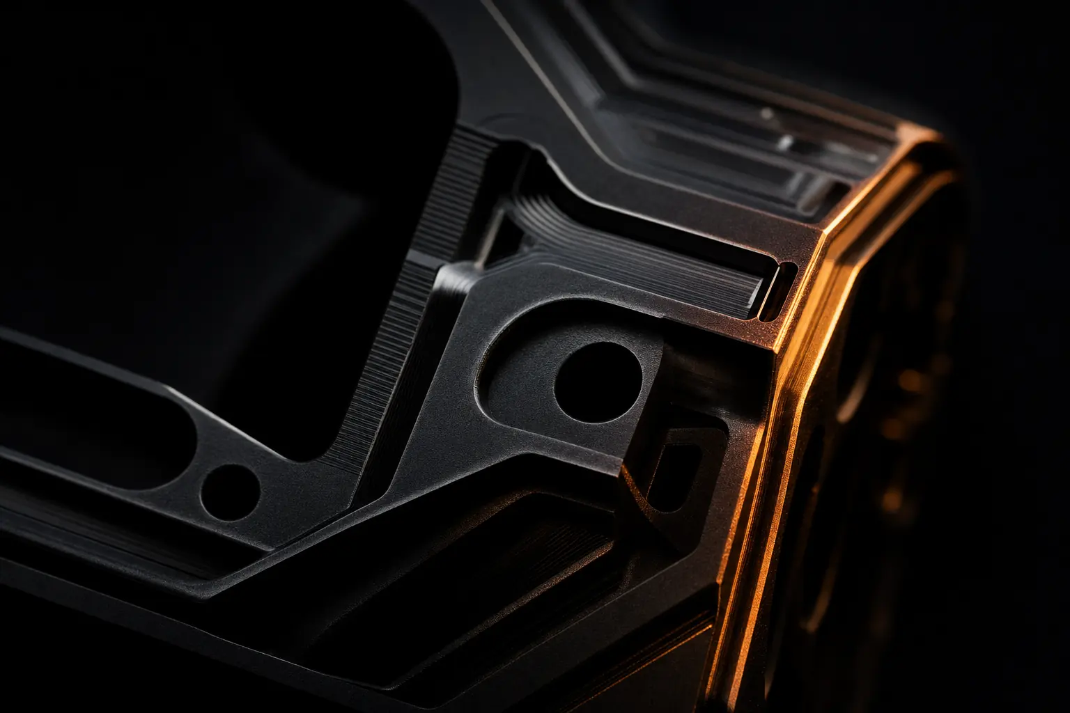 Machined precision component lit by a warm edge light
